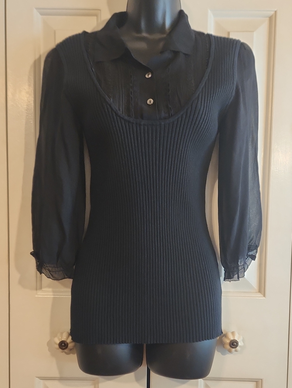 Ribbed & Sheer Knit Blouse - Womens Size M - Brand: Sara I